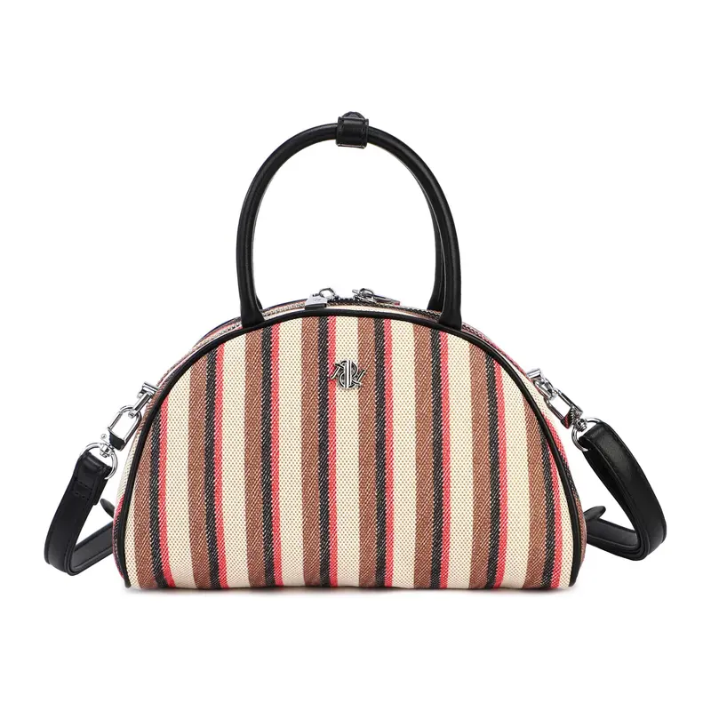 Bolso de mano pequeño con asa y rayas con rojo.