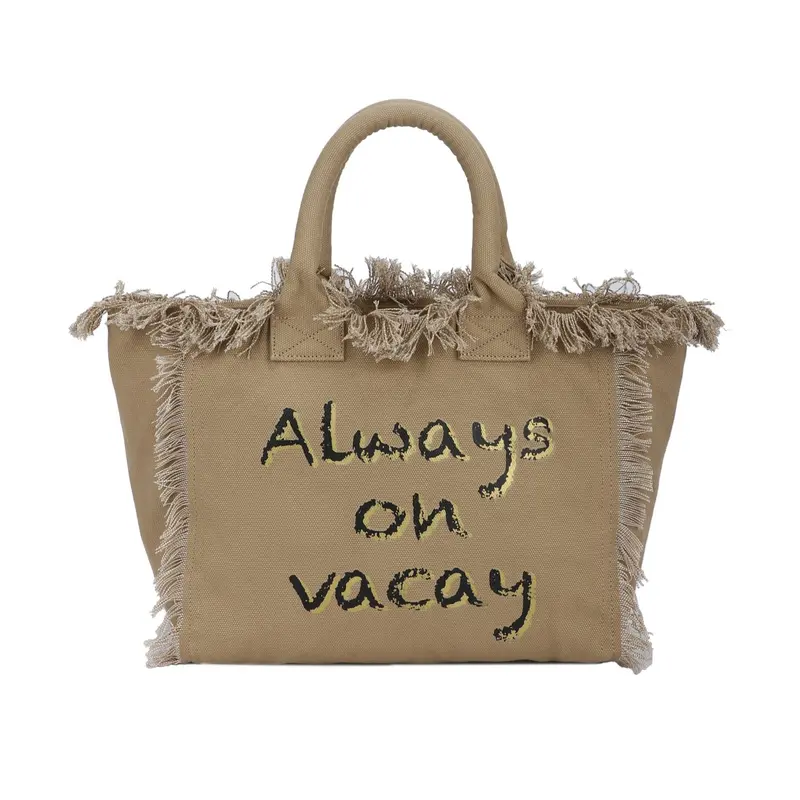 Bolso de mano shopper loneta con flecos color khaki