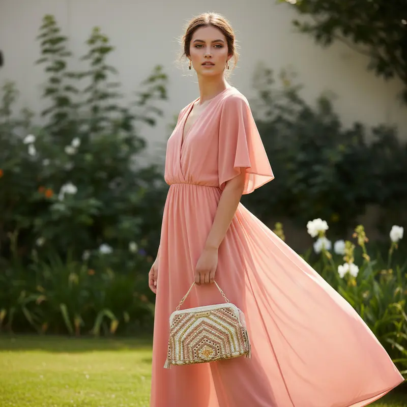 Bolso de mano tipo clutch 100% fibra natural en tonos salmón y beige adornado con cuentas