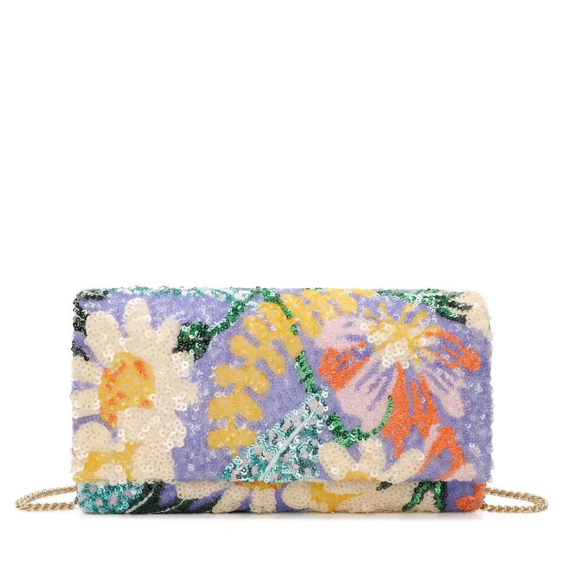 Bolso de mano tipo clutch con lentejuelas estampadas color lila