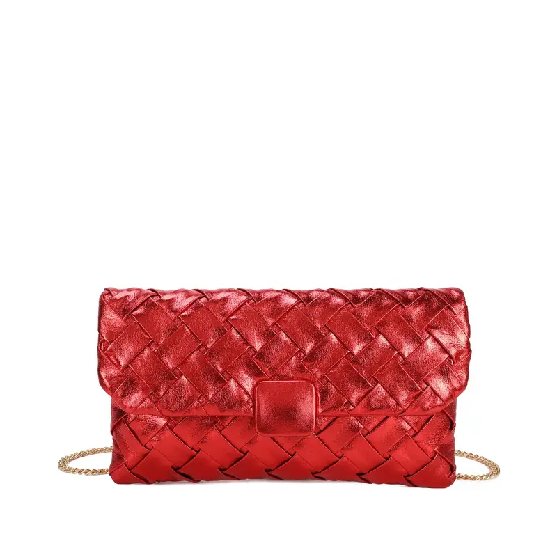 Bolso de mano tipo clutch con tejido metalizado y acabado trenzado color rojo