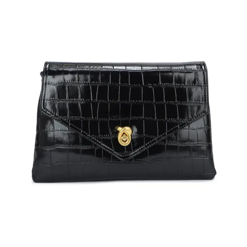Bolso de mano y bandolera con solapa acabado cocodrilo color negro - mbyou