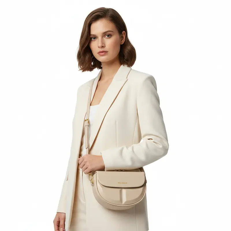 Bolso de mano y bandolera rígido con forma media luna y detalles geométricos color beige - mbyou