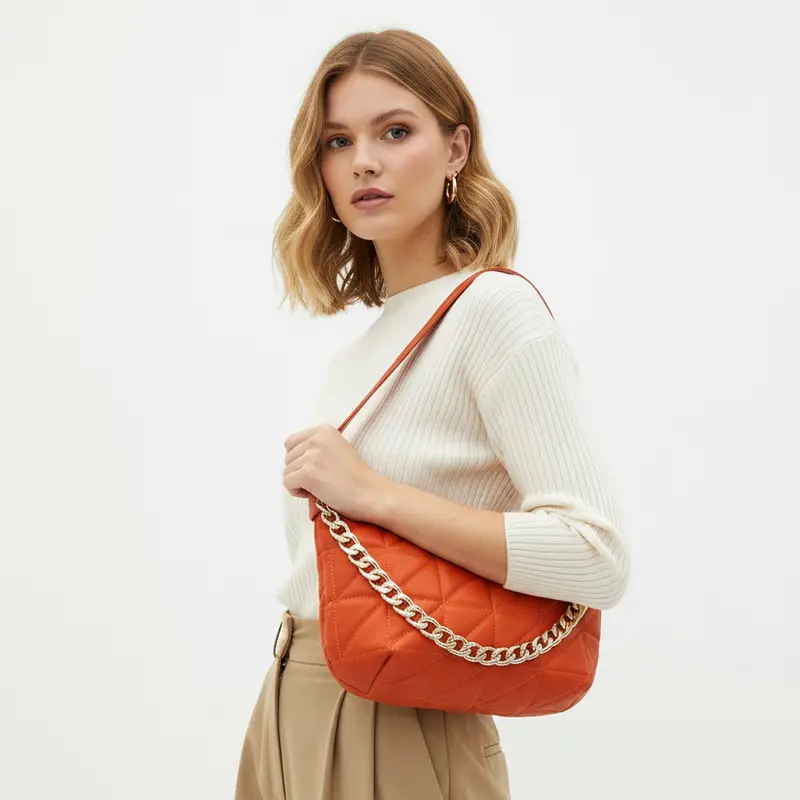 Bolso de piel 100% auténtica guateado con forma de luna y cadena dorada color naranja