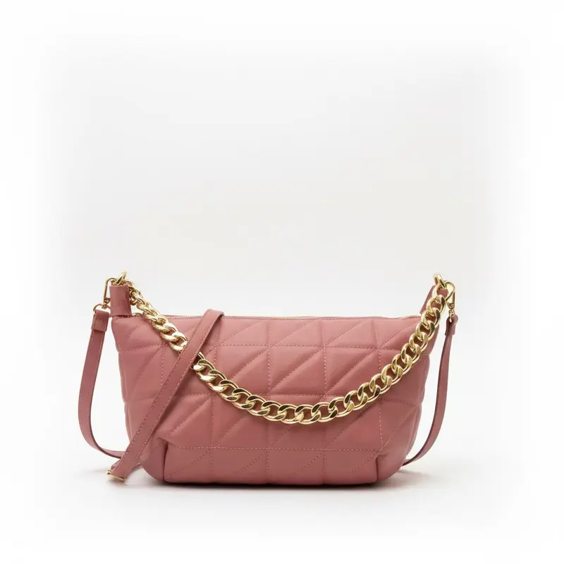 Bolso de piel 100% auténtica guateado con forma de luna y cadena dorada color rosa