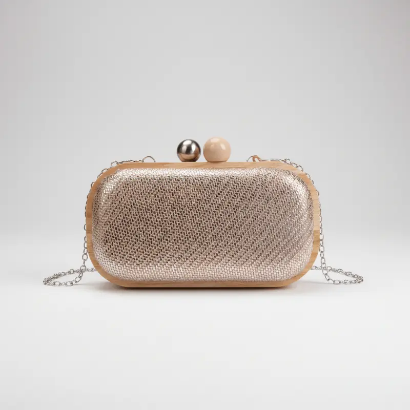 Bolso fiesta de mano de madera tipo rafia acabado plata