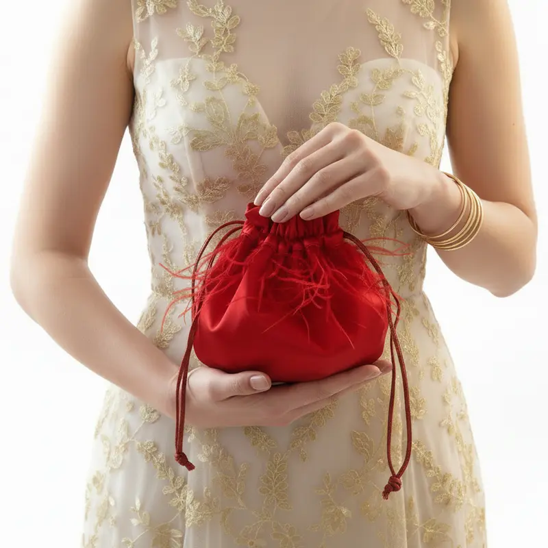 Bolso fiesta de mano tipo limosnera de raso rojo con plumas