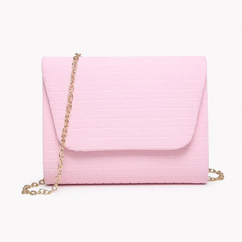 Bolso fiesta de mano tipo sobre con textura a cuadros en rosa pastel