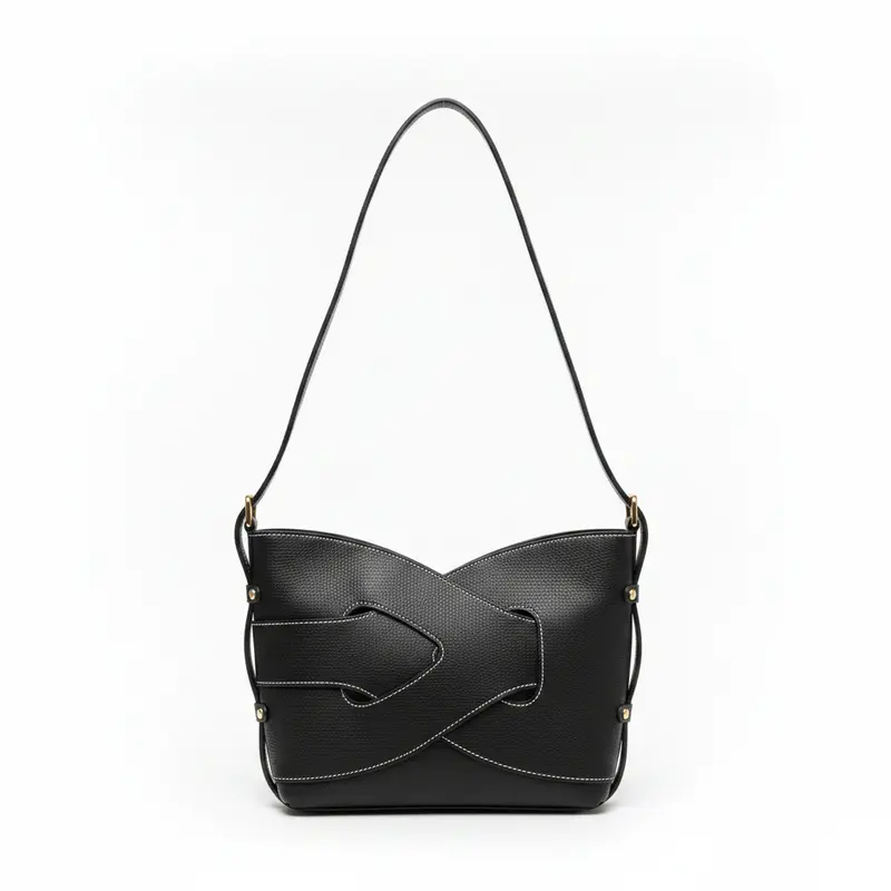 Bolso piel 100% auténtica con diseño trenzado en color negro y pespuntes blancos