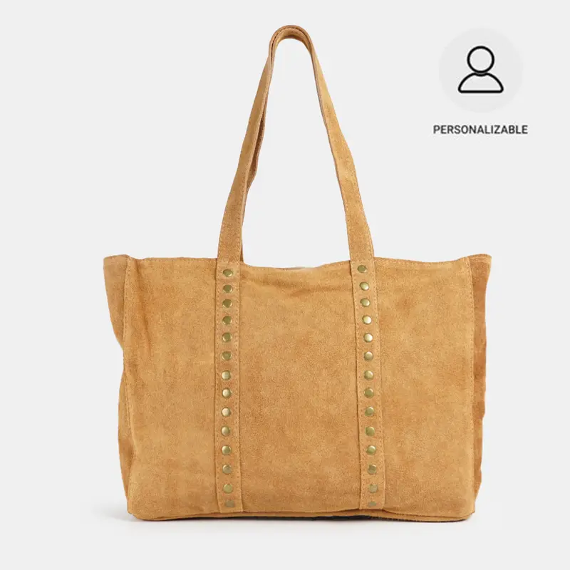 Bolso shopper para mujer de piel para personalizar con tachuelas marrón claro Alexandra