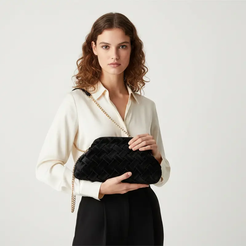 Bolso tipo clutch de mano con textura de terciopelo trenzada en color negro - mbyou