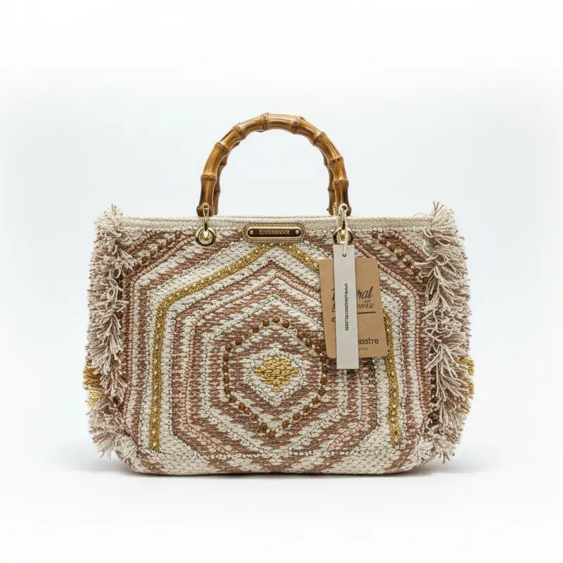 Bolso tipo shopper 100% fibra natural en tonos salmón y dorado asas efecto bambú y diseño de cuentas