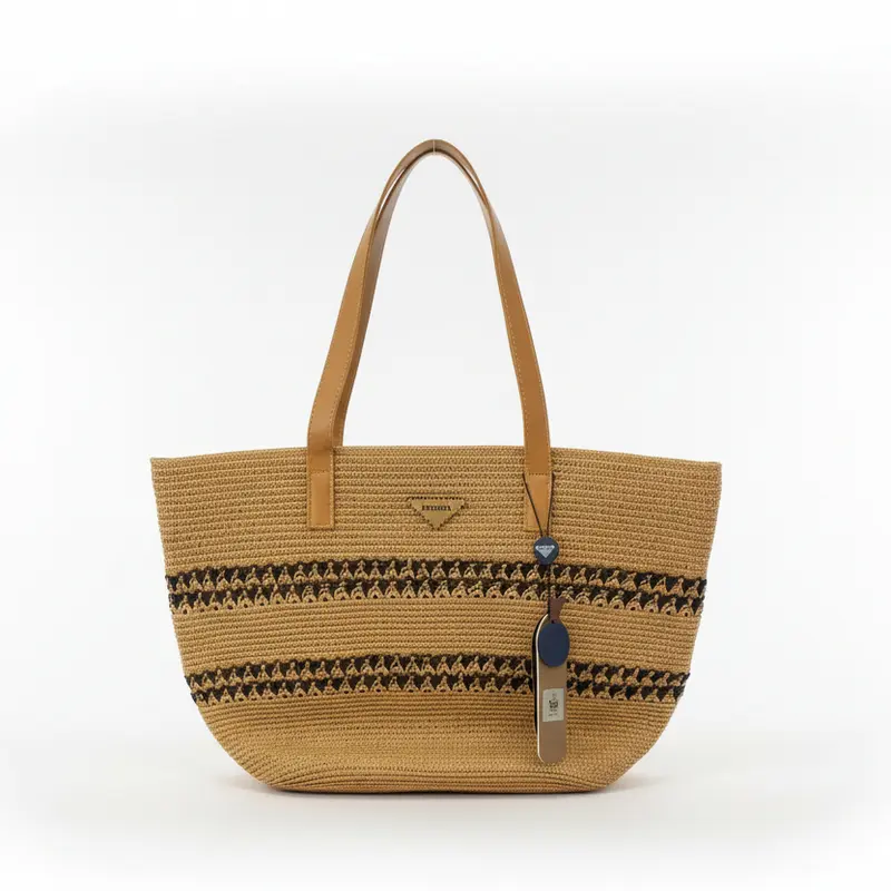 Bolso tipo shopper de estilo rafia con dos rayas detalladas en negro