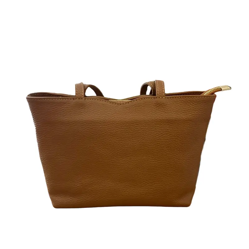 Bolso tipo shopper pequeño 100% piel de vacuno auténtica camel