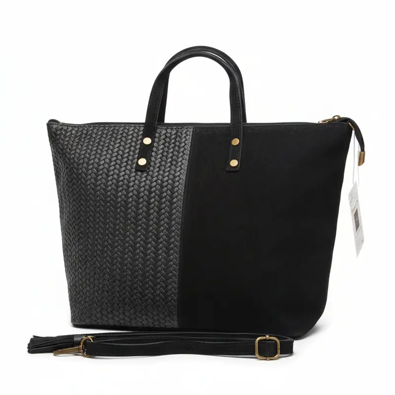 Bolso tipo shopper piel 100% vacuno combinando serraje y trenzado color negro - mbyou