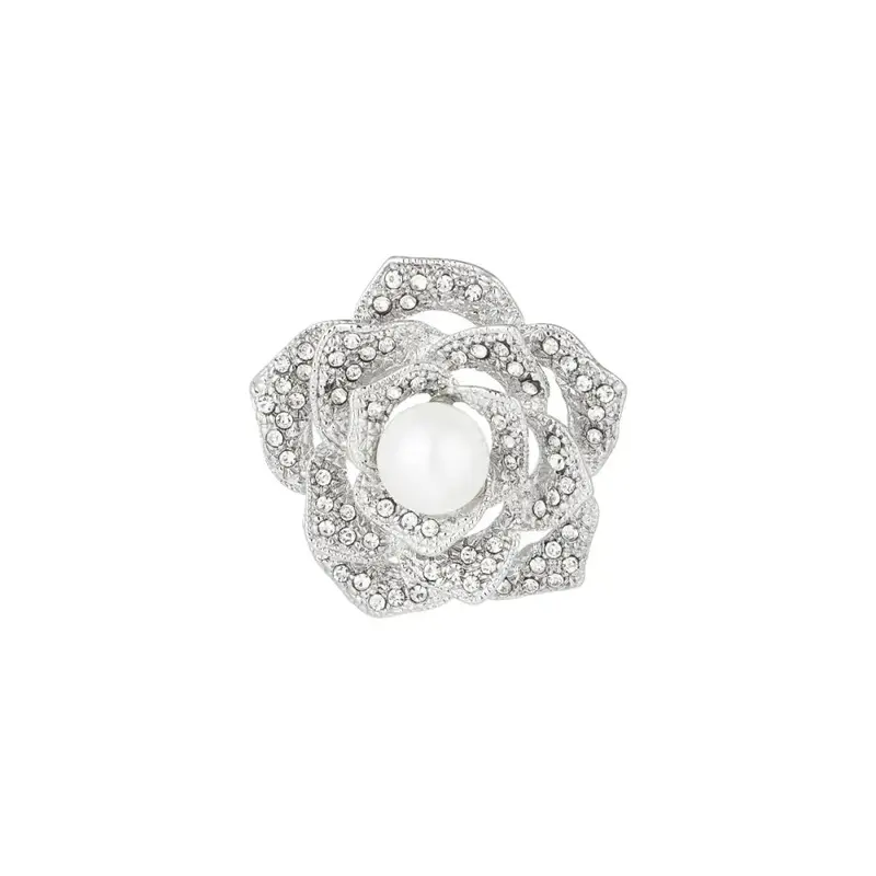 Broche en forma de flor con circonitas y perla blanca acabado plata