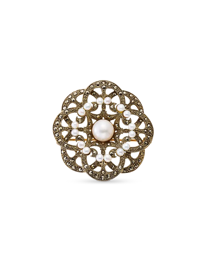 Broche Mary perlas y marcasitas, plata dorada