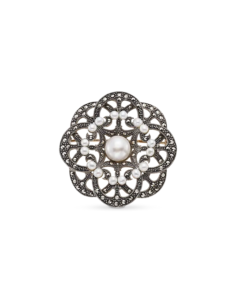 Broche Mary perlas y marcasitas, plata