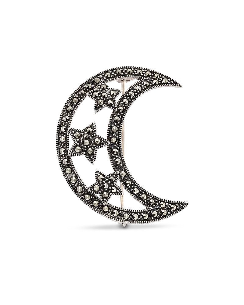 Broche media luna marcasitas, plata