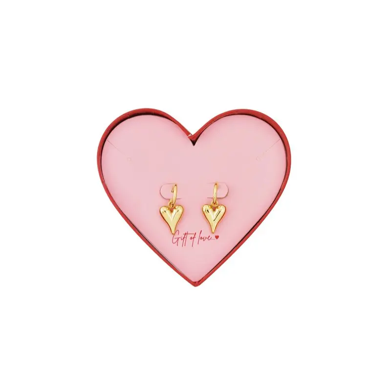 Caja de regalo con forma de corazón rojo con pendientes aros dorados con dije corazón - mbyou