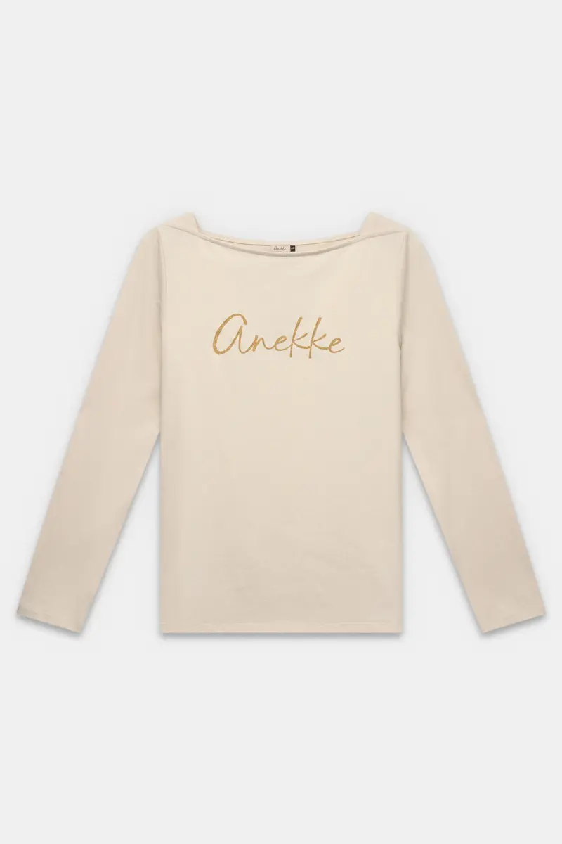 Camiseta de manga larga beige y logo