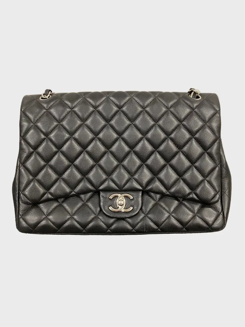 CHANEL Classic Double Flap 34 Caviar Bordeaux con herrajes plateados
