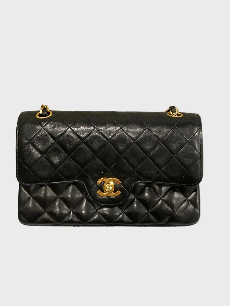 CHANEL Timeless 23 Double Flap Lambskin negro · Herrajes dorados · Serie 1