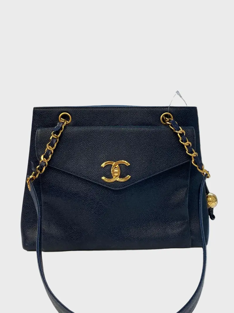 Chanel Tote CC Cadena Piel caviar Azul Marino