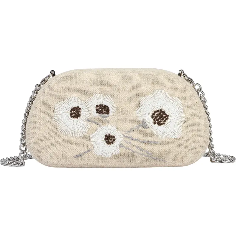 Clutch de fiesta con acabado de lino y flores chocolate con tirador plata