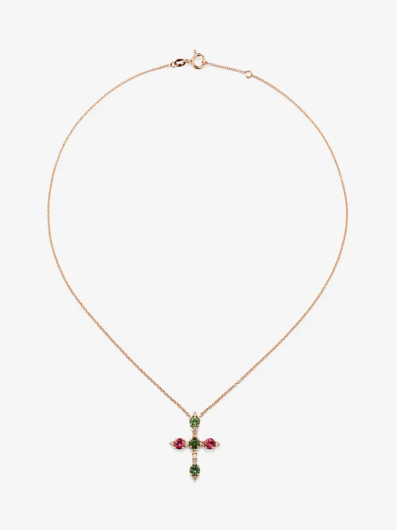 Colgante cadena cruz de oro rosa de 18K con turmalina verde y turmalina rosa