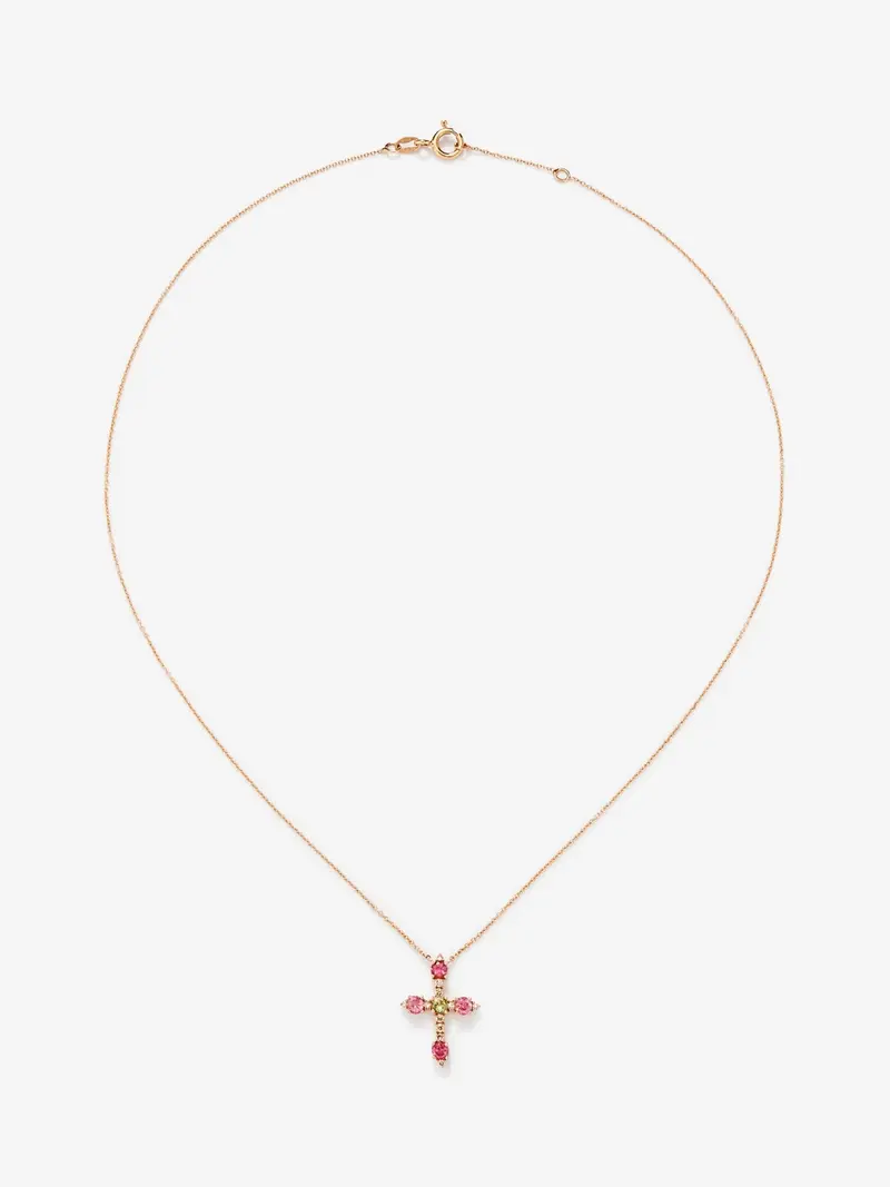 Colgante cadena cruz de oro rosa de 18K con turmalina y diamante