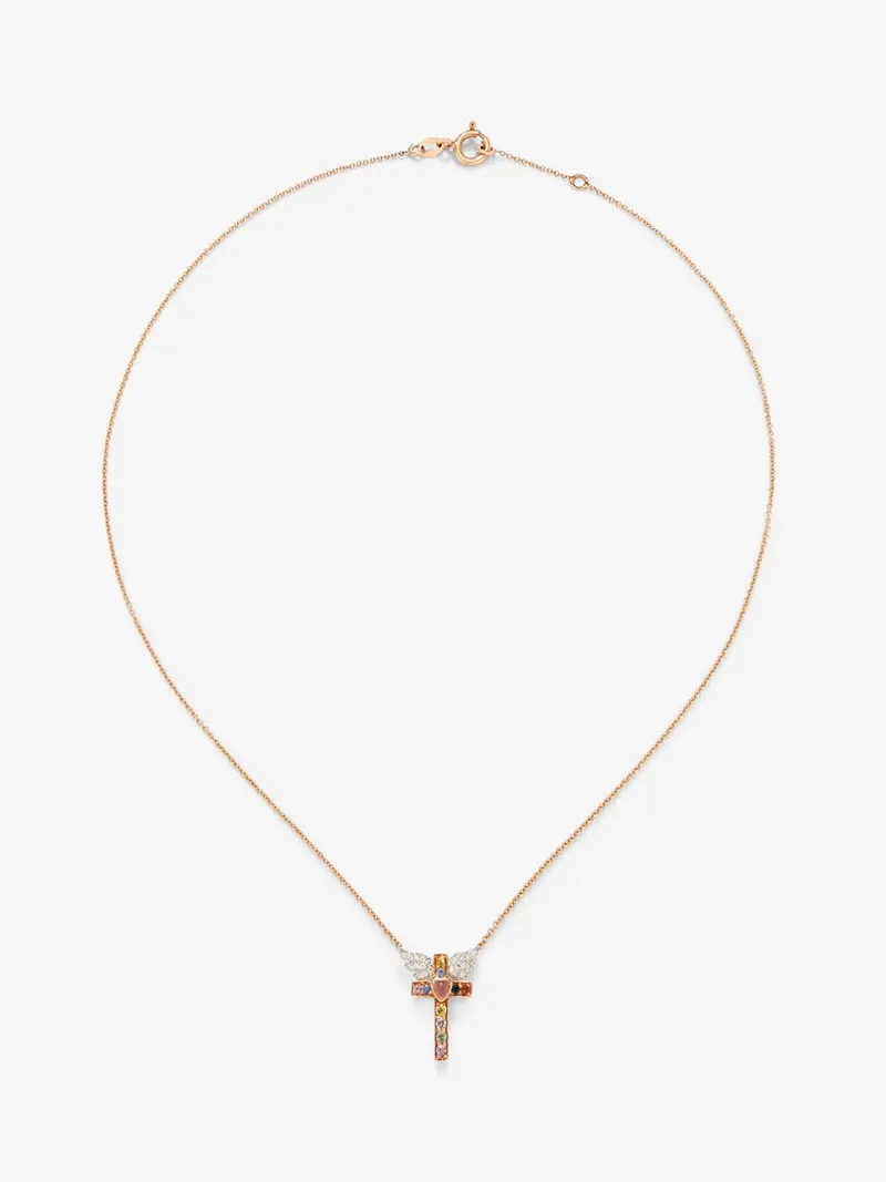 Colgante cadena cruz de oro rosa de 18K con zafiro y diamante