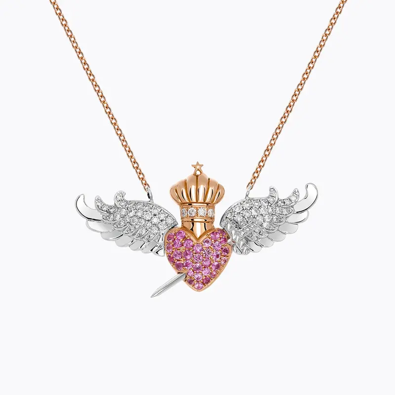 Colgante cadena de oro blanco y rosa de 18K con 60 diamantes en talla brillante con un total de  0,33 cts y 25 zafiros rosas en talla brillante con un total de 0,29 cts