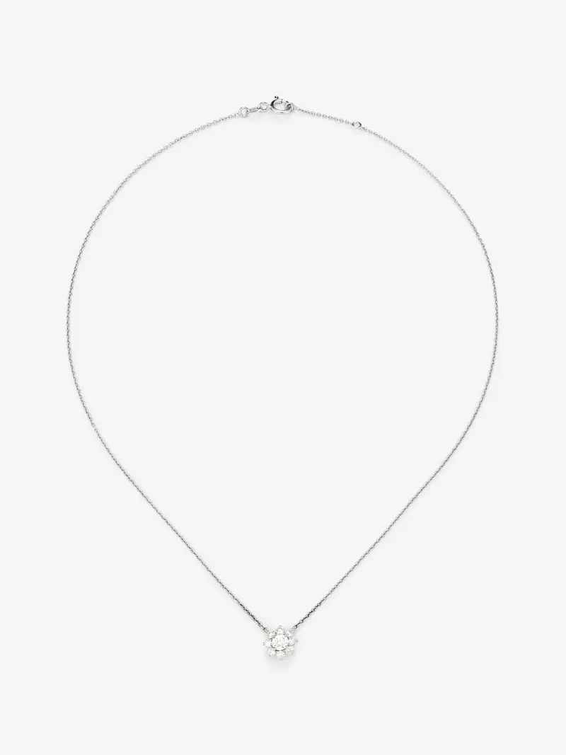 Colgante cadena flor de oro blanco de 18K con diamantes solitario y orla de diamantes