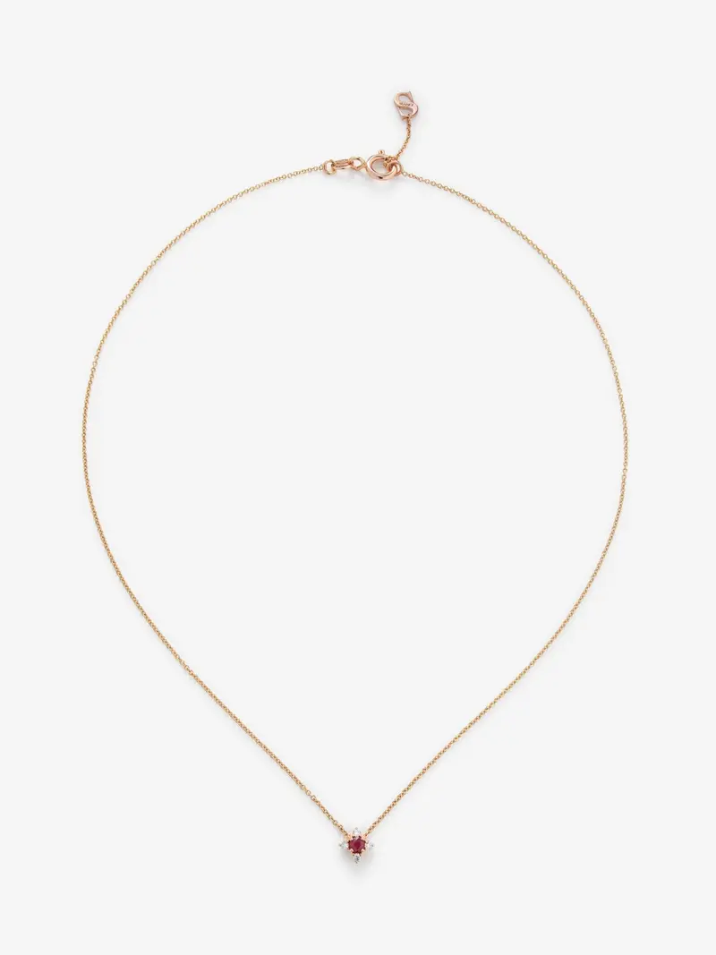 Colgante cadena flor de oro rosa de 18K con rubí y diamantes