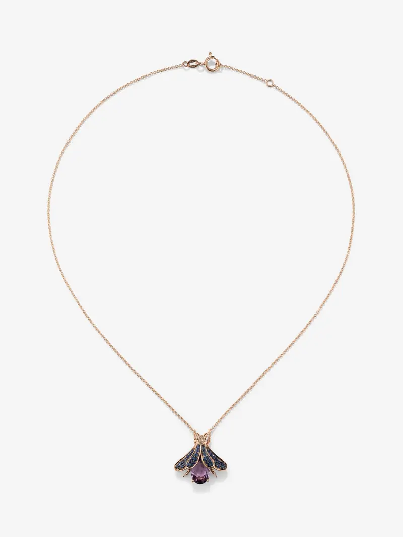 Colgante cadena insecto de oro rosa de 18K con amatista y zafiro