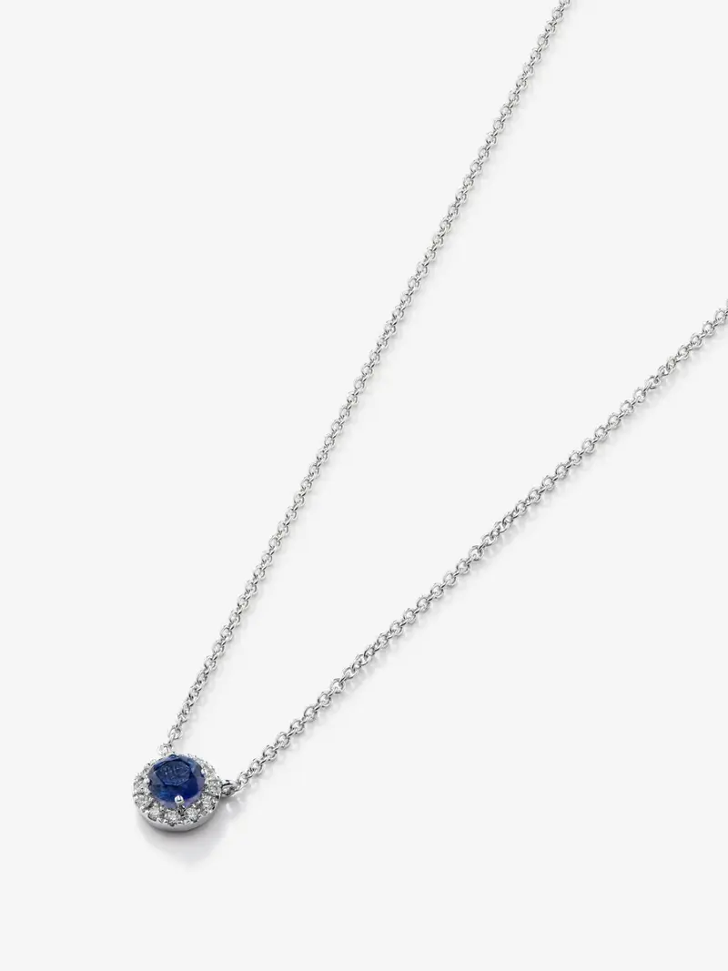 Colgante cadena orla de oro blanco de 18K con zafiro y diamante