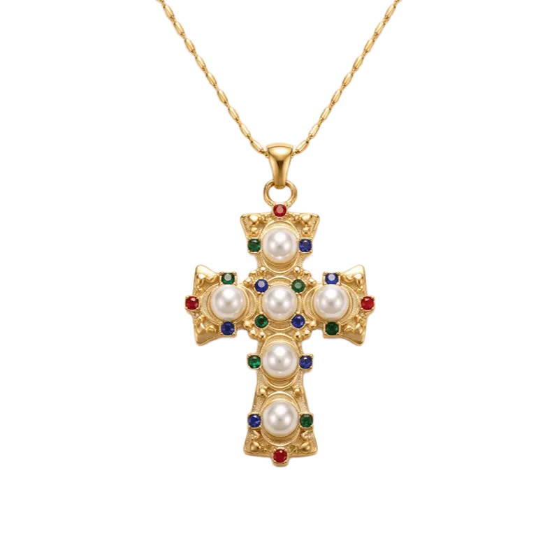 Colgante Cruz con perlas y circonitas