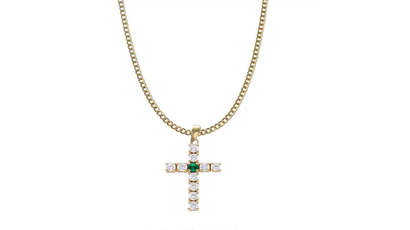 Colgante Cruz de Oro 18K con Piedra Verde y Circonitas – Cadena Barbada