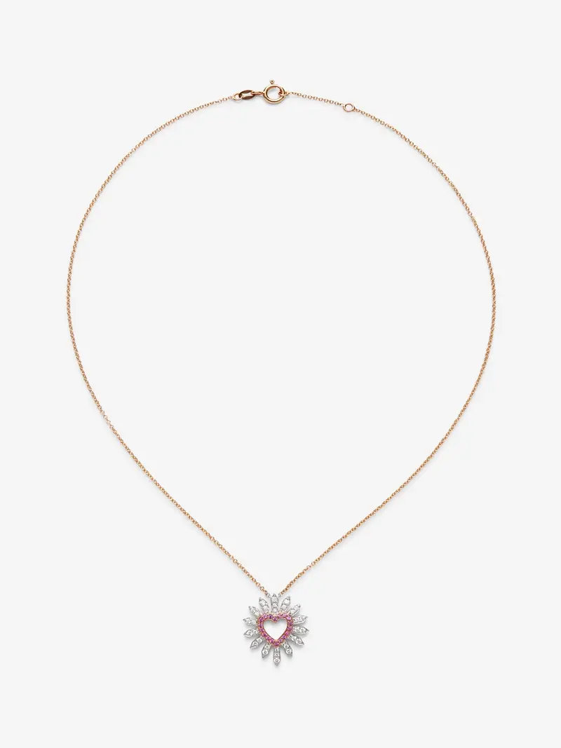 Colgante de corazón de oro blanco y rosa de 18K con diamantes blancos en talla brillante de 0,37 cts y zafiros rosas en talla brillante de 0,2 cts