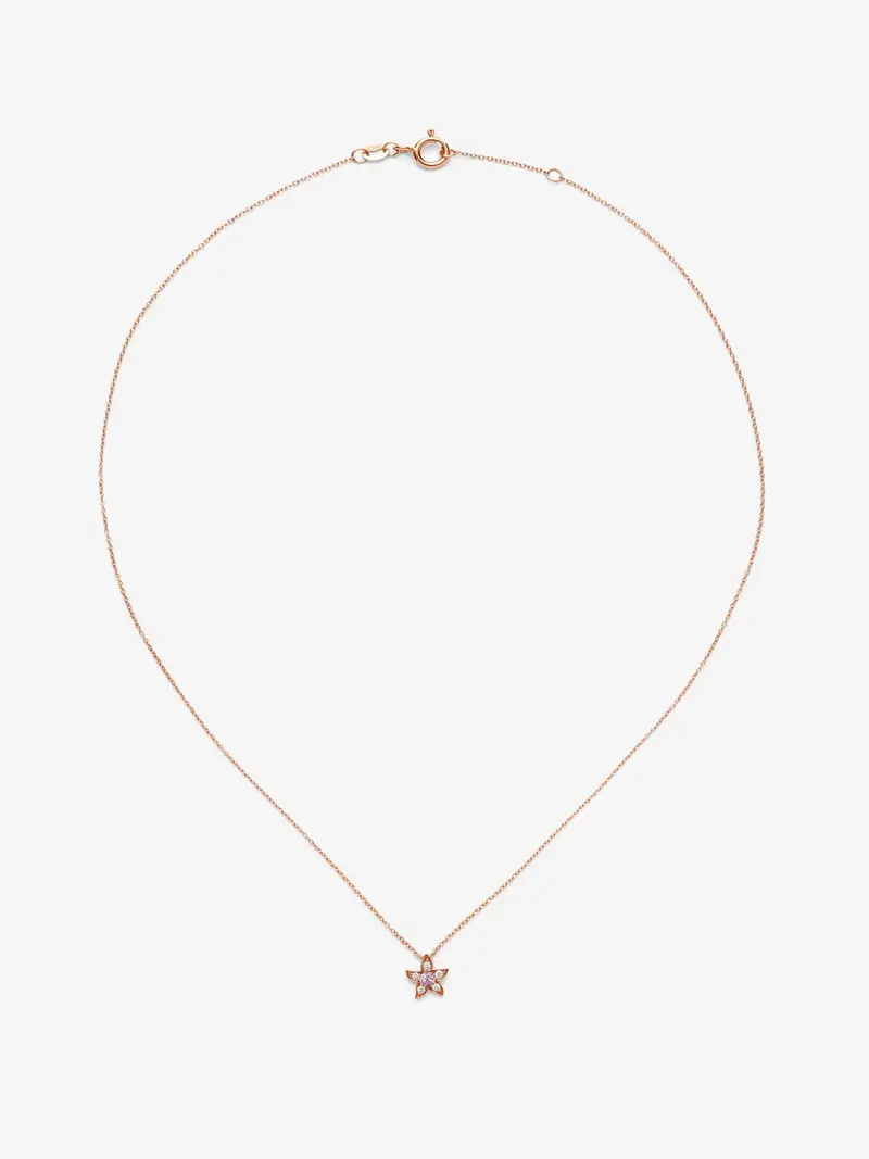 Colgante de flor de oro rosa de 18K con diamantes blancos en talla brillante de 0,05 cts y zafiros rosas en talla brillante de 0,1 cts