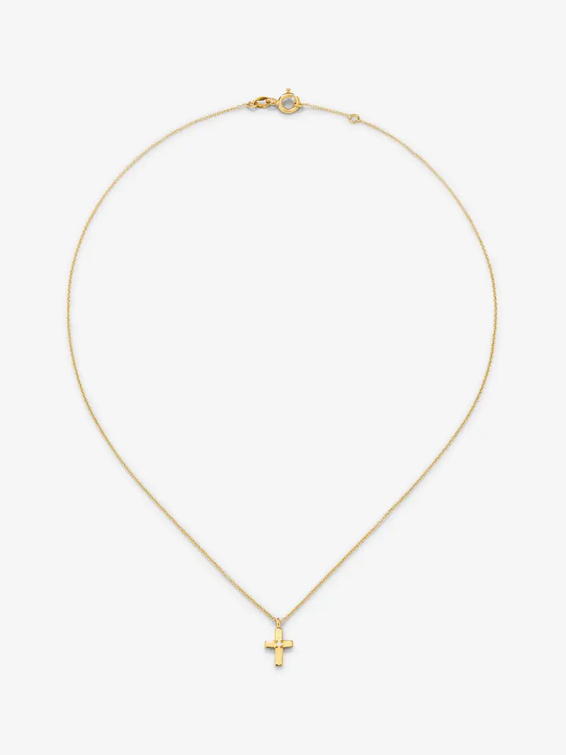 Colgante de oro amarillo de 18K con cruz pequeña y diamante en talla brillante de 0,01 cts