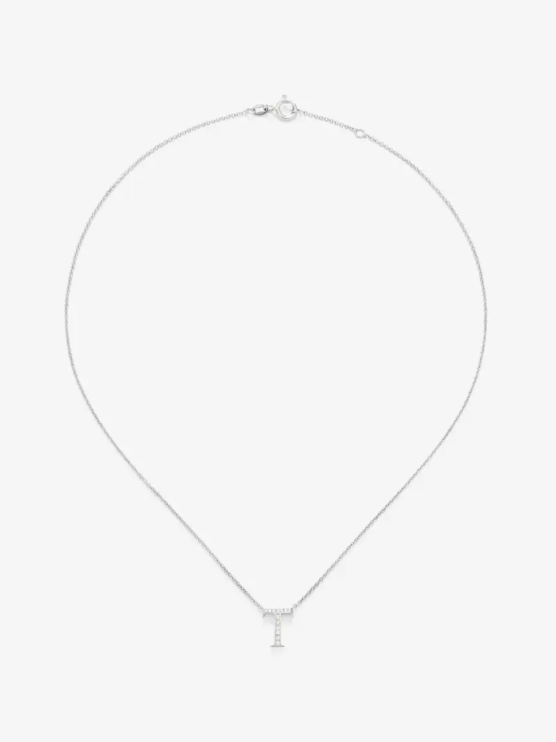 Colgante de oro blanco de 18K con letra T y diamantes blancos en talla brillante