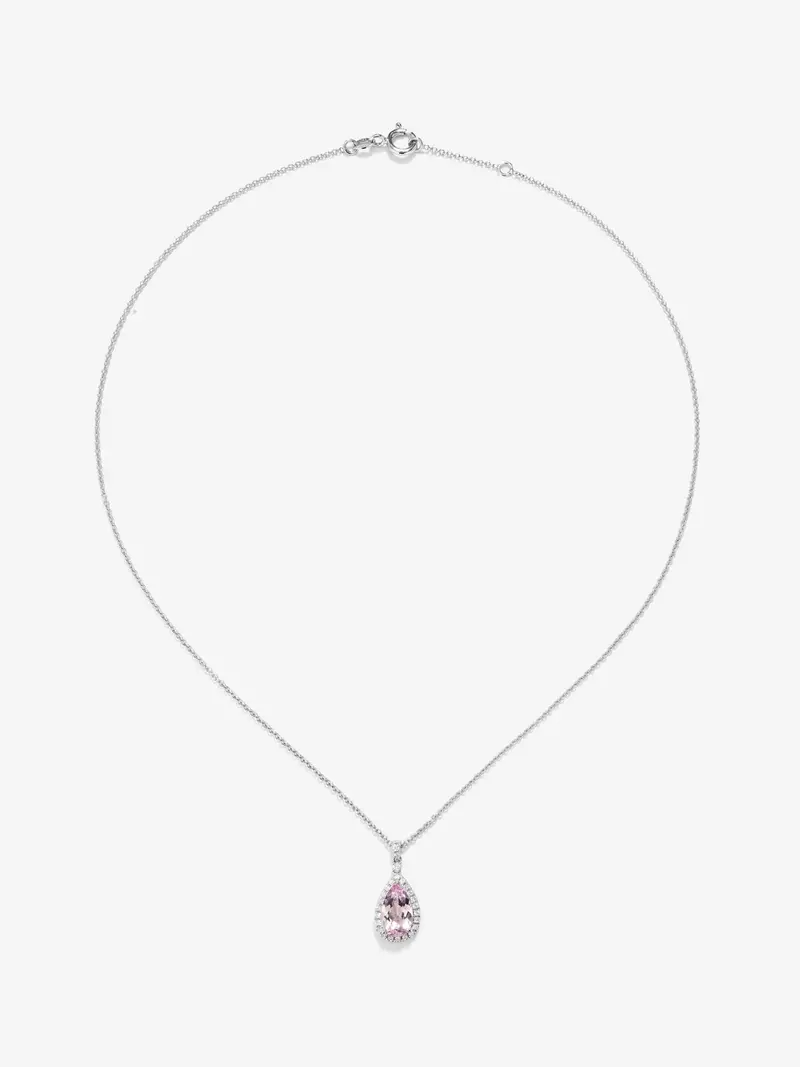 Colgante de oro blanco de 18K con morganita rosa en talla pera de 1,44 y 29 diamantes en talla brillante con un total de 0,19 cts