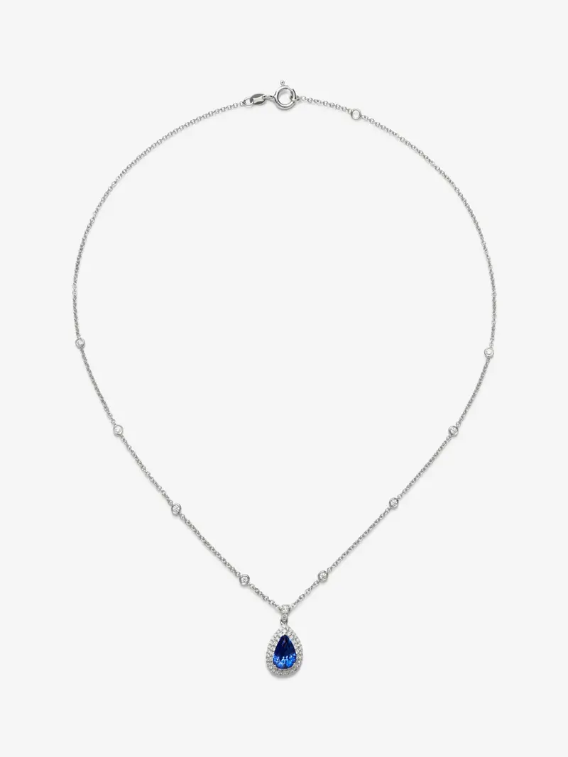 Colgante de oro blanco de 18K con un zafiro azul cornflower en talla pera