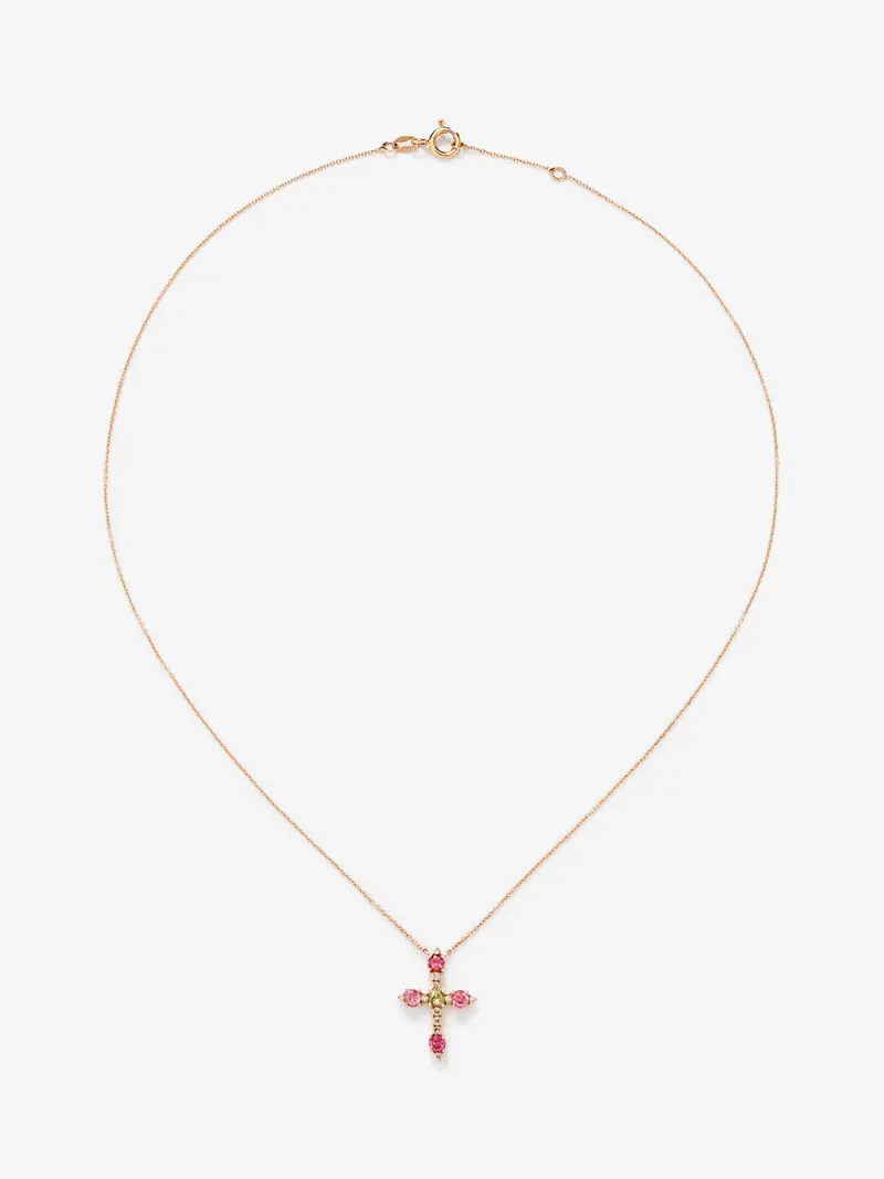 Colgante de oro rosa de 18K con 5 turmalinas verde en talla brillante de 0,5 cts y 11 diamantes marrones con un total de 0,11 cts