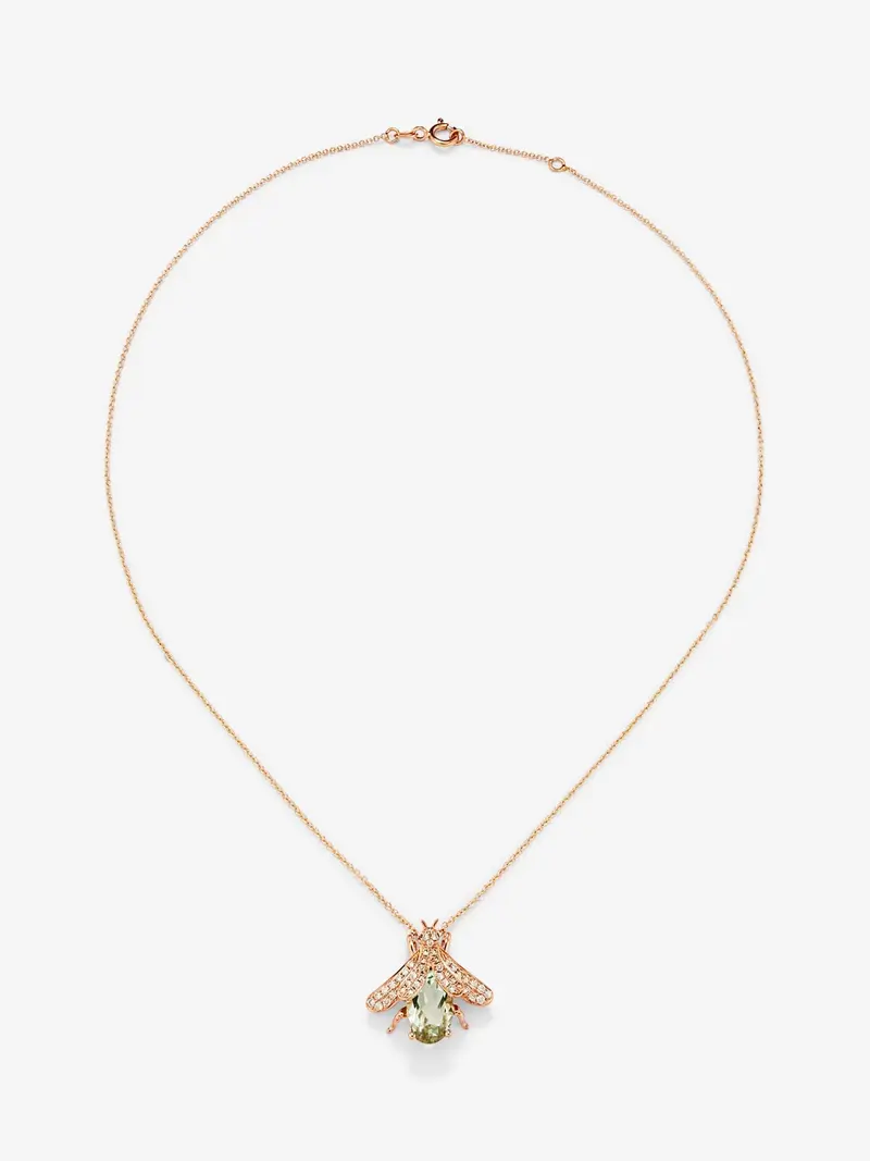 Colgante de oro rosa de 18K con amatista verde, diamantes marrones y zafiros azules