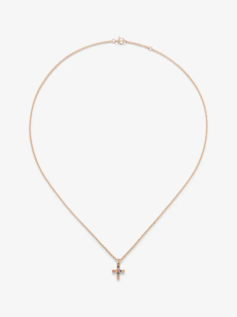 Colgante de oro rosa de 18K con zafiros multicolor con forma de cruz