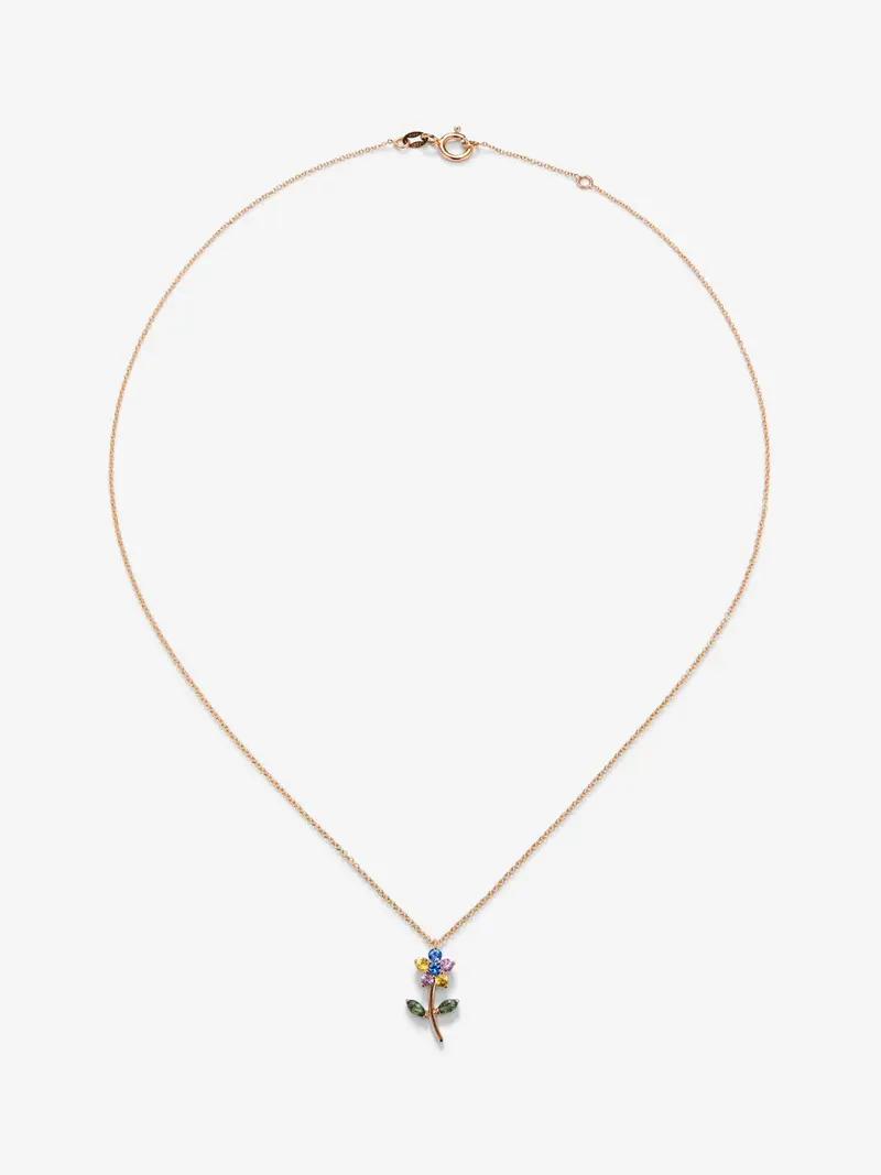 Colgante de oro rosa de 18K con zafiros verdes y multicolor en forma de flor