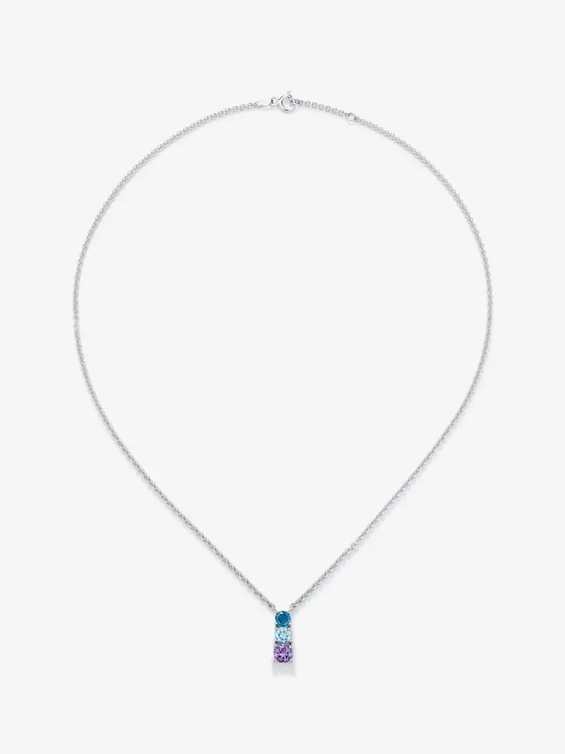 Colgante de plata 925 con topacio azul london, topacio azul swiss y amatista morada en talla brillante